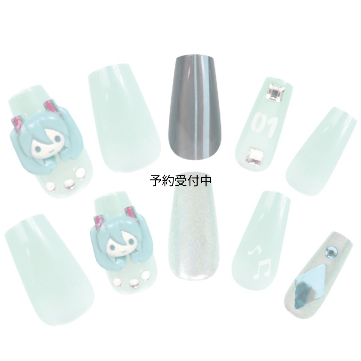 画像1: キャラクター 初音ミク ロングネイルチップ 貼って剥がせる 立体 ２４枚入り ロング グラデーション ストーン ネイルシール おしゃれ 女の子 人気 ネイル 剥がせる 子供 キッズ 大人 ボカロ ボーカロイド ミク (1)