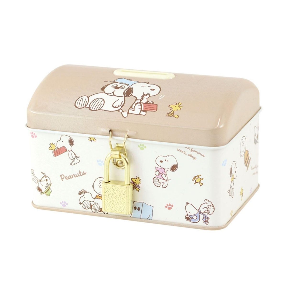 画像1: スヌーピーカギ付き缶バンク ベージュ (1)