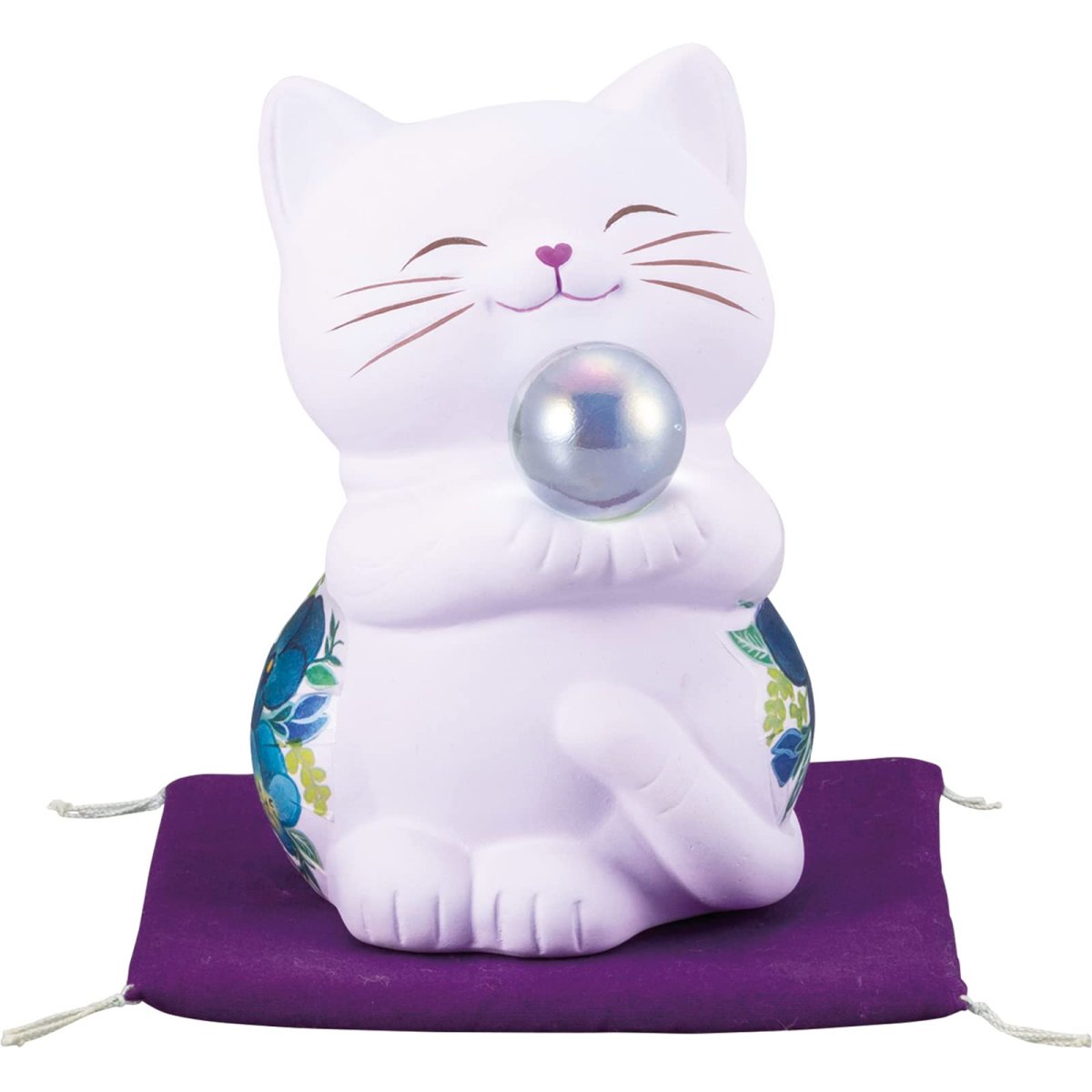 画像1: サンアート 開運雑貨 「 全体運向上 」ハッピーキャット 貯金箱 高さ１２．５ｃｍ 猫 グッズ ねこ 花柄 パープル 日本製 ＳＡＮ４０２１?１ (1)