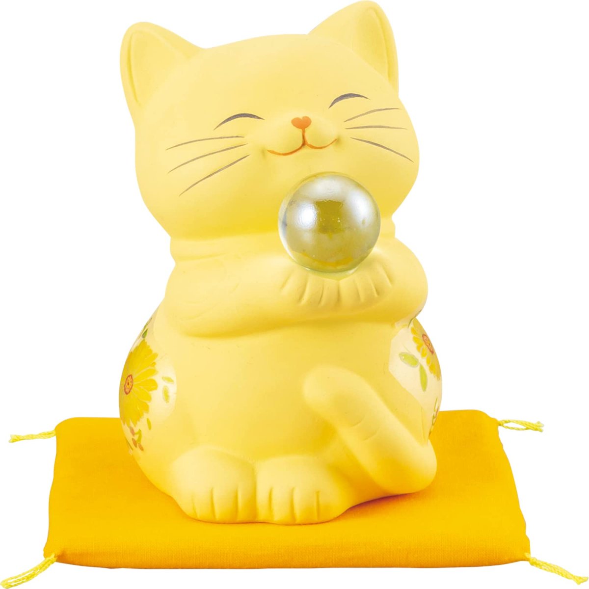 画像1: サンアート 開運雑貨 「 金運上昇 」ハッピーキャット 貯金箱 高さ１２．５ｃｍ 雑貨 猫 グッズ ねこ 花柄 イエロー 日本製 ＳＡＮ４０２１?２ (1)
