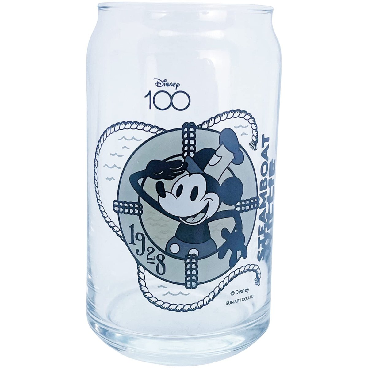 画像1: サンアート ウォルト ディズニー カンパニー 創立１００周年 Ｄ１００ 缶型 グラス ミッキーマウス 蒸気船ウィリー １９２８柄 約３６０ｍｌ 食器 グッズ 雑貨 プレゼント ギフト 誕生日プレゼント 日本製 ＳＡＮ４１８３ (1)