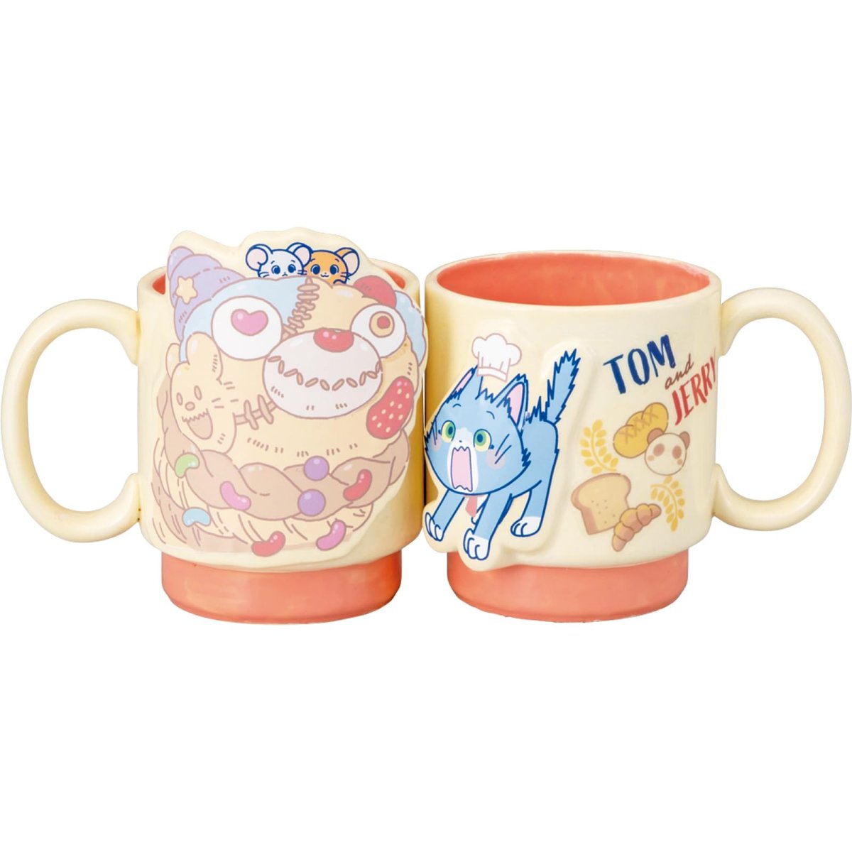 画像1: 「 トムとジェリー とむとじぇりーごっこ 」 ベーカリー ３ｄ マグカップ ペア 約３５０ｍｌ 約８×９ｃｍ 食器 トムジェリ グッズ 雑貨 ピンク＆イエロー ｓａｎ４４９７ (1)