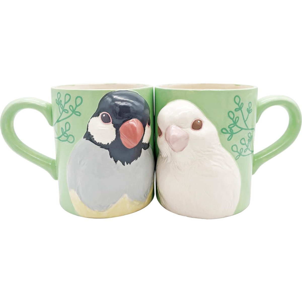 画像1: かわいい食器 「 仲良し 文鳥 」 立体 マグカップ ペア 食器セット 大きめ 約１２×１０ｃｍ ３８５ｍｌ 食器 雑貨 鳥 グッズ 人間用 誕生日プレゼント グリーン ＳＡＮ４６７０ (1)