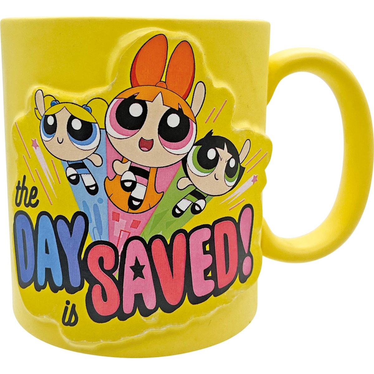 画像1: 「 パワーパフガールズ 公式 」 マグカップ 大きい ＴＨＥ ＤＡＹ ＩＳ ＳＡＶＥＤ 今日もあなたの一日をちょっと元気にする コップ グッズ 雑貨 食器 黄色 約１２×９ｃｍ ３５０ｍｌ ＳＡＮ４９３２ (1)
