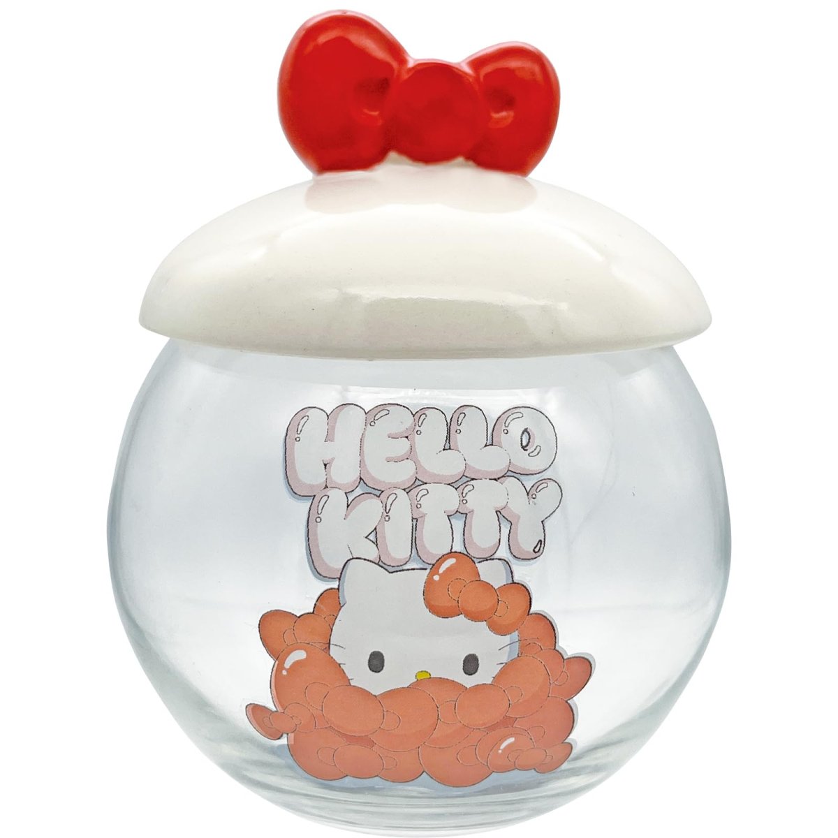画像1: サンリオ （ＳＡＮＲＩＯ） 「 ハローキティ 」 キャンディポット キャニスター ガラス 保存容器 エッジー Ｈｅｌｌｏ Ｋｉｔｔｙ Ｅｄｇｙ リボン グッズ 雑貨 食器 白 約１０×１１ｃｍ ３２０ｍｌ ＳＡＮ４７９７ (1)