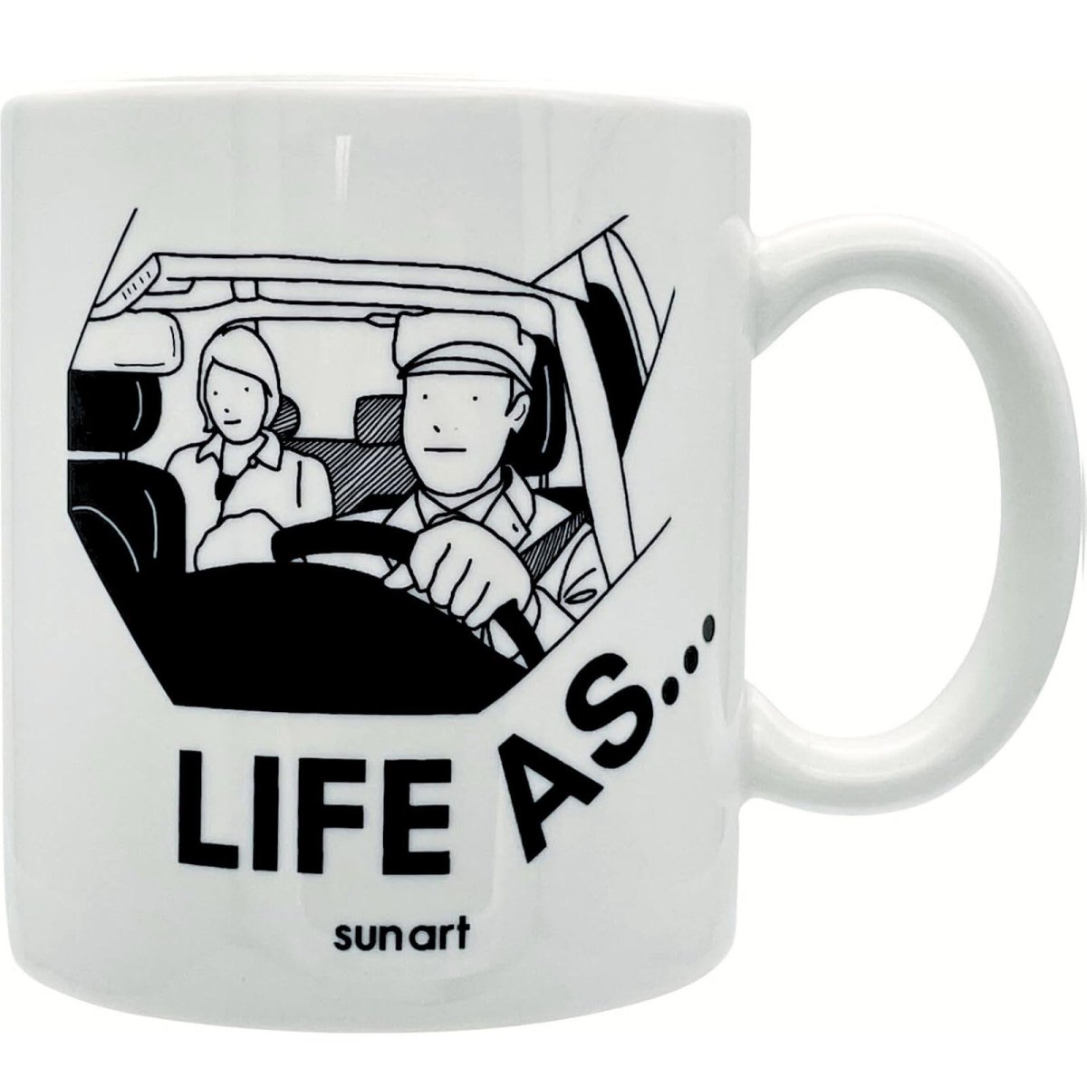 画像1: サンアート かわいい食器 「 ＬＩＦＥ ＡＳ ライフアズ 」 マグカップ タクシードライバー 父の日プレゼント 母の日プレゼント モノクロ 食器 誕生日プレゼント グッズ 忘年会 雑貨 白 約１１×９ｃｍ ３００ｍｌ 日本製 ＳＡＮ４９１６?１１ (1)
