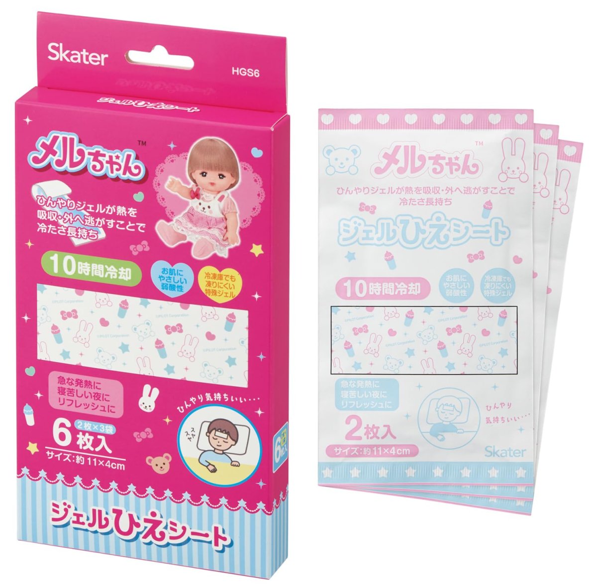 画像1: スケーター（Ｓｋａｔｅｒ） ジェル冷えシート 冷感ジェルシート ひんやり 熱冷まし ６枚入 ２枚×３袋 １０時間冷却 メルちゃん 女の子 ＨＧＳ６?Ａ (1)