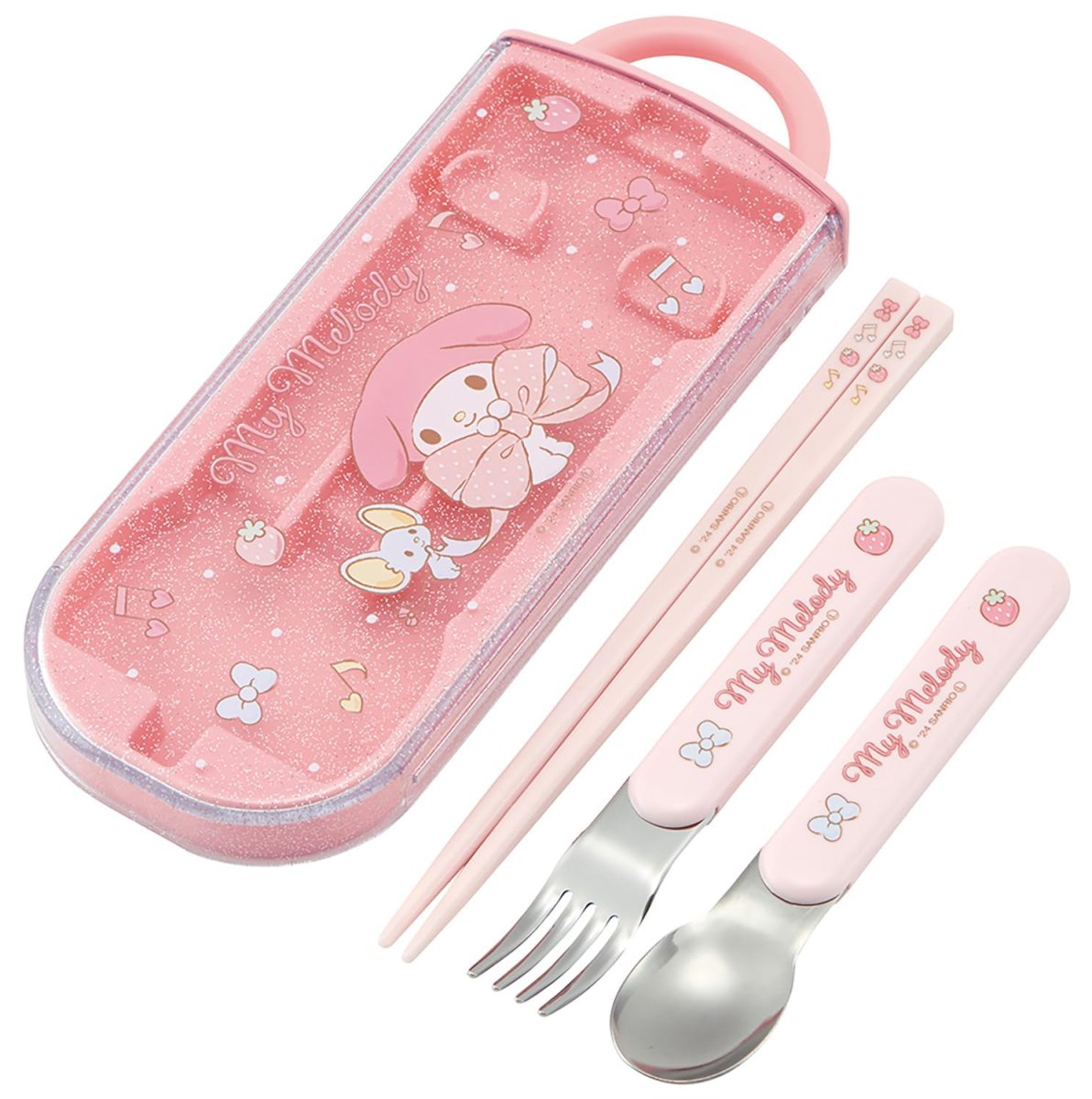 画像1: スケーター（Ｓｋａｔｅｒ） カトラリーセット 子供用 お弁当 箸 スプーン フォーク 日本製 スライド式 名前シール付 抗菌 トリオセット サンリオ マイメロディ ビッグリボン 女の子 ＴＡＣＣ２ＡＧ?Ａ (1)