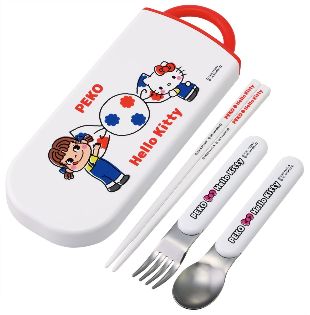 画像1: スケーター（Ｓｋａｔｅｒ） カトラリーセット 子供用 お弁当 箸 スプーン フォーク 日本製 スライド式 名前シール付 抗菌 トリオセット サンリオ ペコちゃん×ハローキティ ＴＡＣＣ２ＡＧ?Ａ (1)