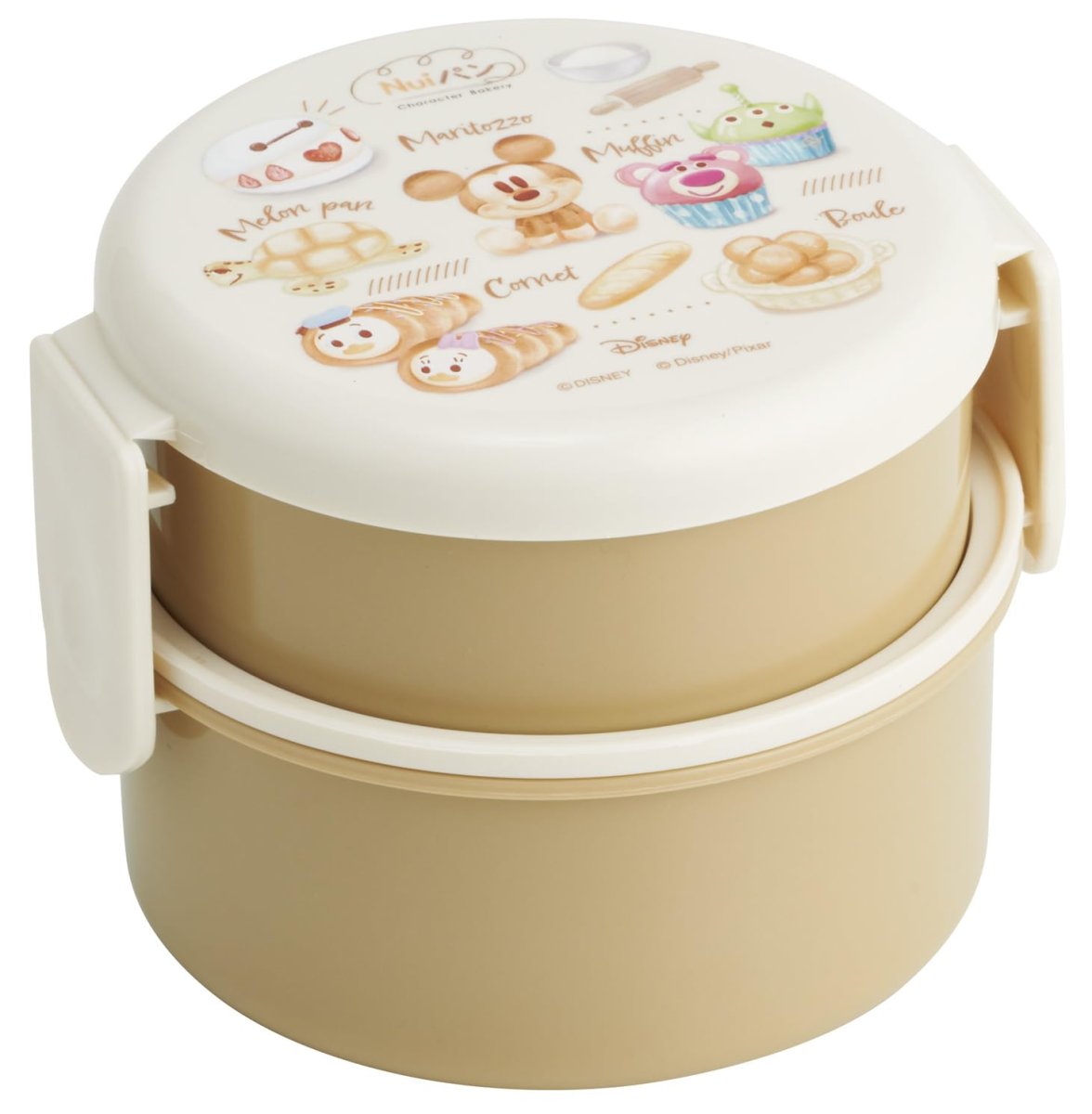 画像1: スケーター（Ｓｋａｔｅｒ） 弁当箱 丸型 ランチボックス ５００ｍｌ ２段 フォーク付 日本製 ディズニー Ｎｕｉパン ＯＮＷＲ１?Ａ (1)