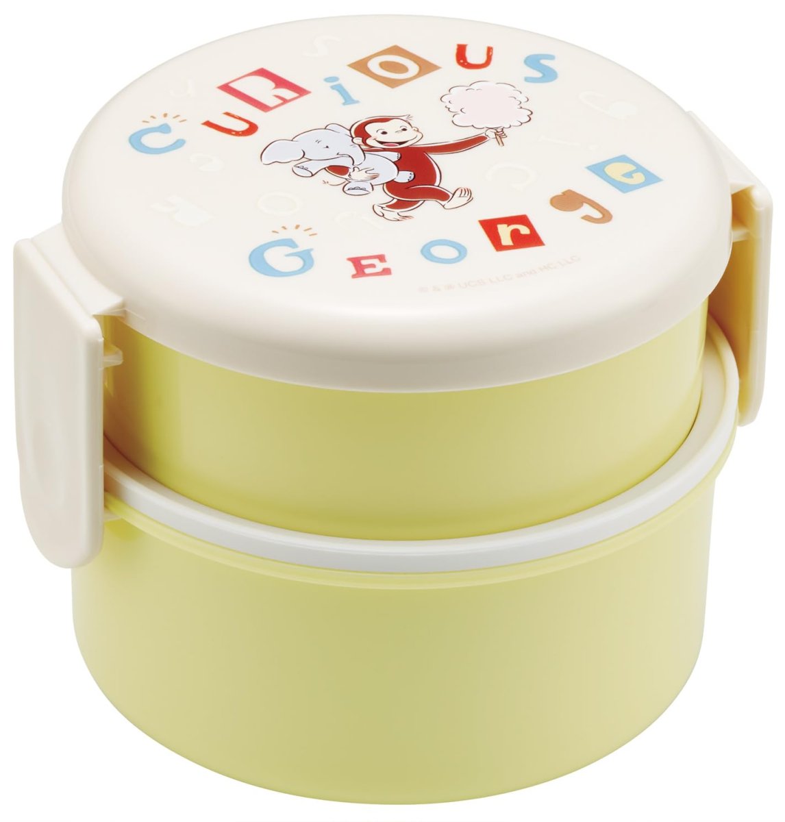 画像1: スケーター（Ｓｋａｔｅｒ） 弁当箱 丸型 ランチボックス ５００ｍｌ ２段 フォーク付 日本製 おさるのジョージ アルファベット ＯＮＷＲ１?Ａ (1)