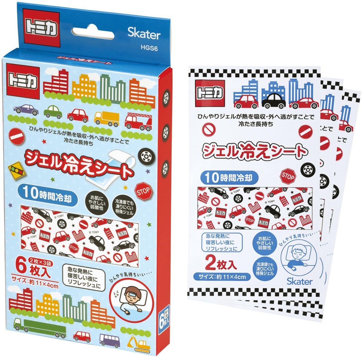 画像1: スケーター（Ｓｋａｔｅｒ） ジェル冷えシート 冷感ジェルシート ひんやり 熱冷まし ６枚入 ２枚×３袋 １０時間冷却 トミカ 男の子 ＨＧＳ６?Ａ (1)
