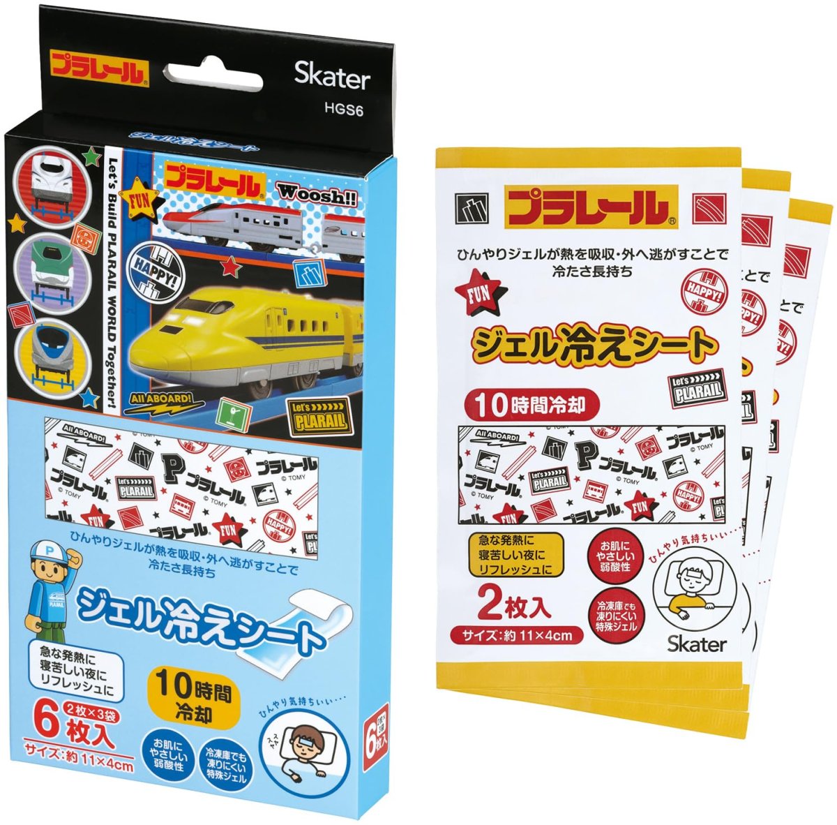 画像1: スケーター（Ｓｋａｔｅｒ） ジェル冷えシート 冷感ジェルシート ひんやり 熱冷まし ６枚入 ２枚×３袋 １０時間冷却 プラレール 男の子 ＨＧＳ６?Ａ (1)