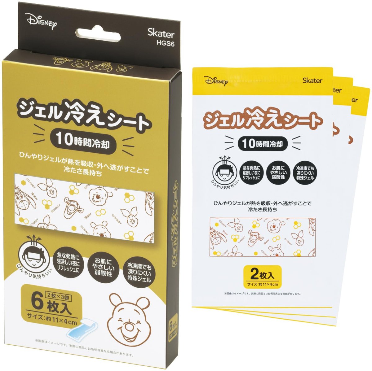 画像1: スケーター（Ｓｋａｔｅｒ） ジェル冷えシート 冷感ジェルシート ひんやり 熱冷まし ６枚入 ２枚×３袋 １０時間冷却 ディズニー くまのプーさん ＨＧＳ６?Ａ (1)