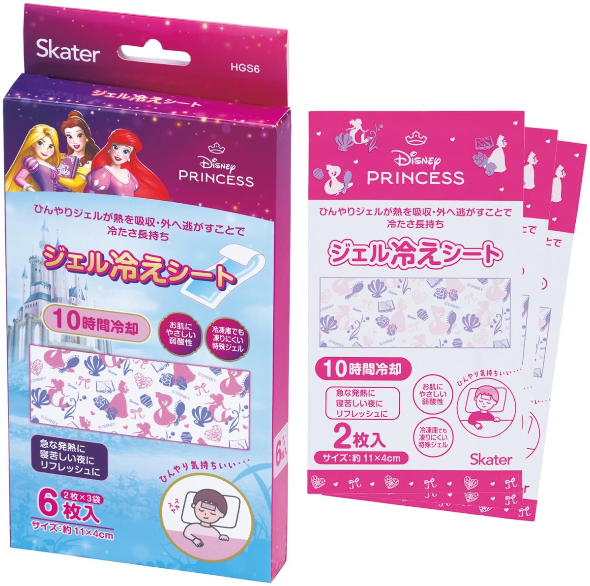 画像1: スケーター（Ｓｋａｔｅｒ） ジェル冷えシート 冷感ジェルシート ひんやり 熱冷まし ６枚入 ２枚×３袋 １０時間冷却 ディズニー プリンセス ＨＧＳ６?Ａ (1)