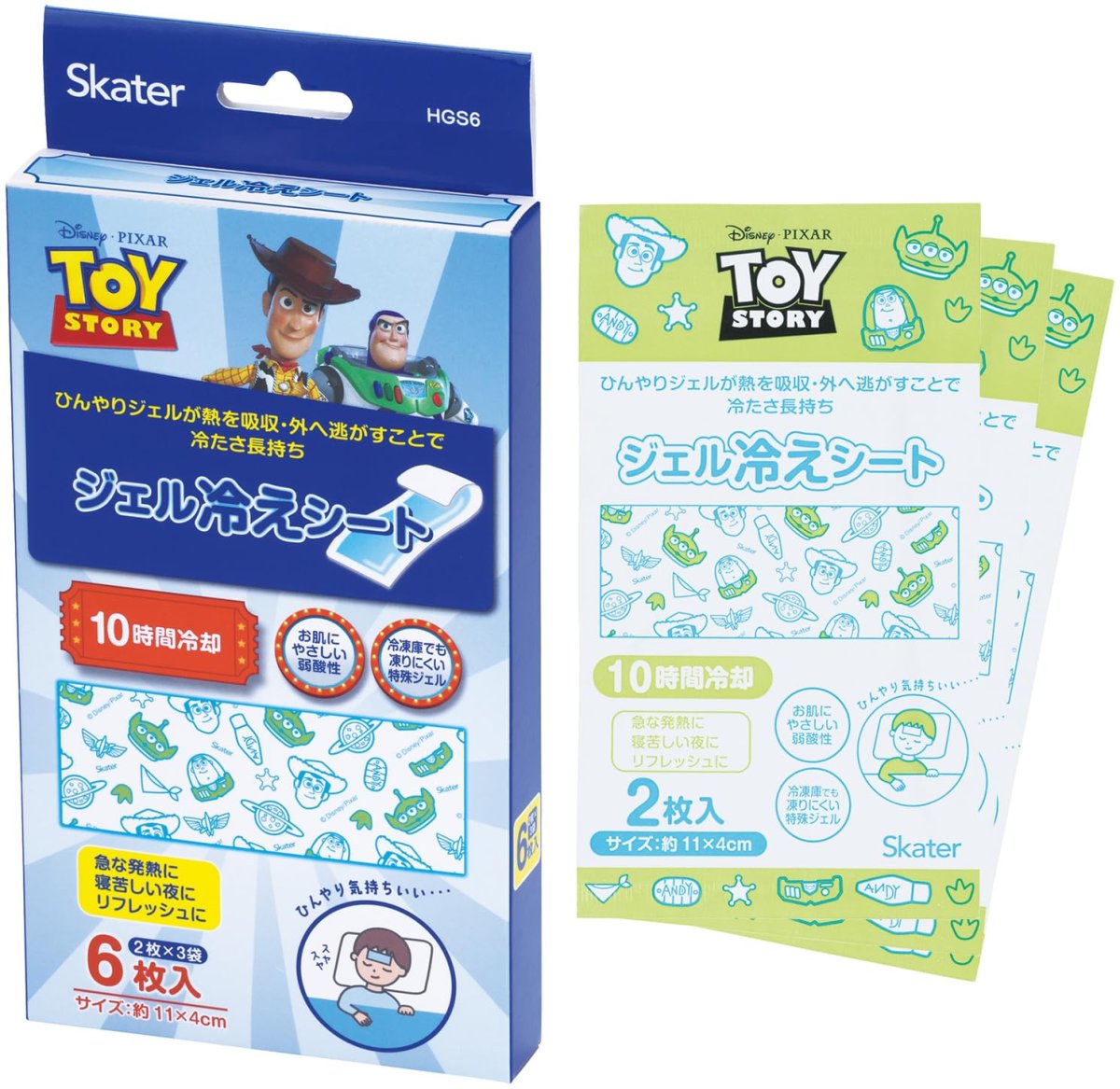 画像1: スケーター（Ｓｋａｔｅｒ） ジェル冷えシート 冷感ジェルシート ひんやり 熱冷まし ６枚入 ２枚×３袋 １０時間冷却 ディズニー トイ・ストーリー ＨＧＳ６?Ａ (1)